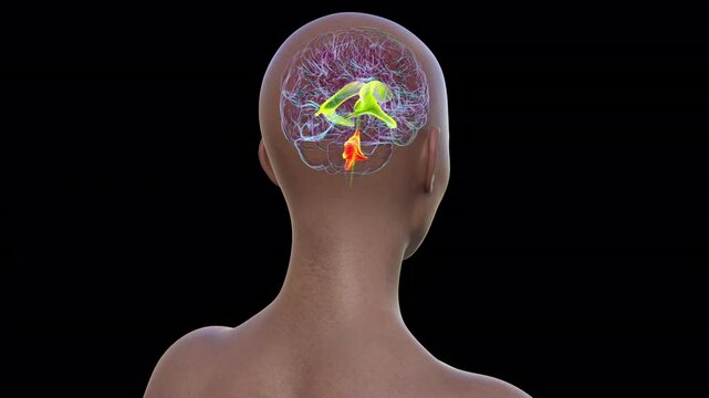 Anatomy of the fourth brain ventricle (highlighted in orange color), a fluid-filled cavity situated at the posterior of the brainstem, involved in cerebrospinal fluid circulation, 3D animation.