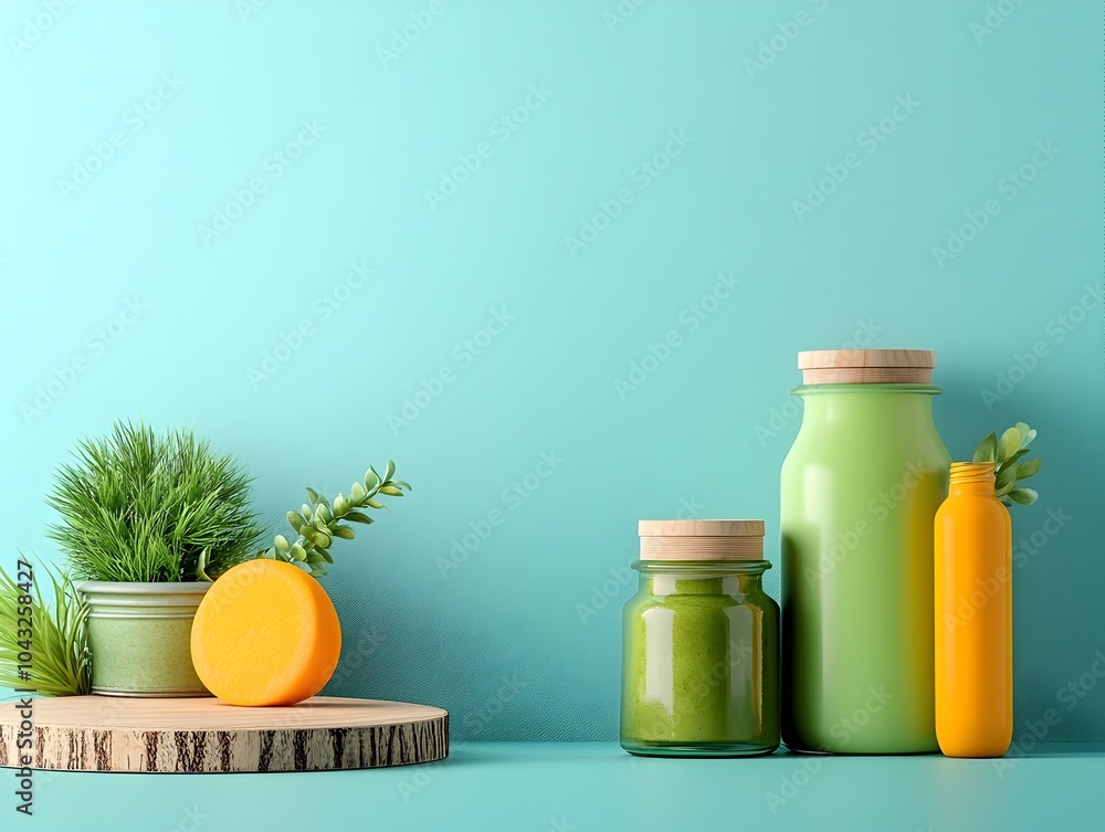 Poster expertly crafted circular wooden podium prominently displayed on a table set against a serene blue b