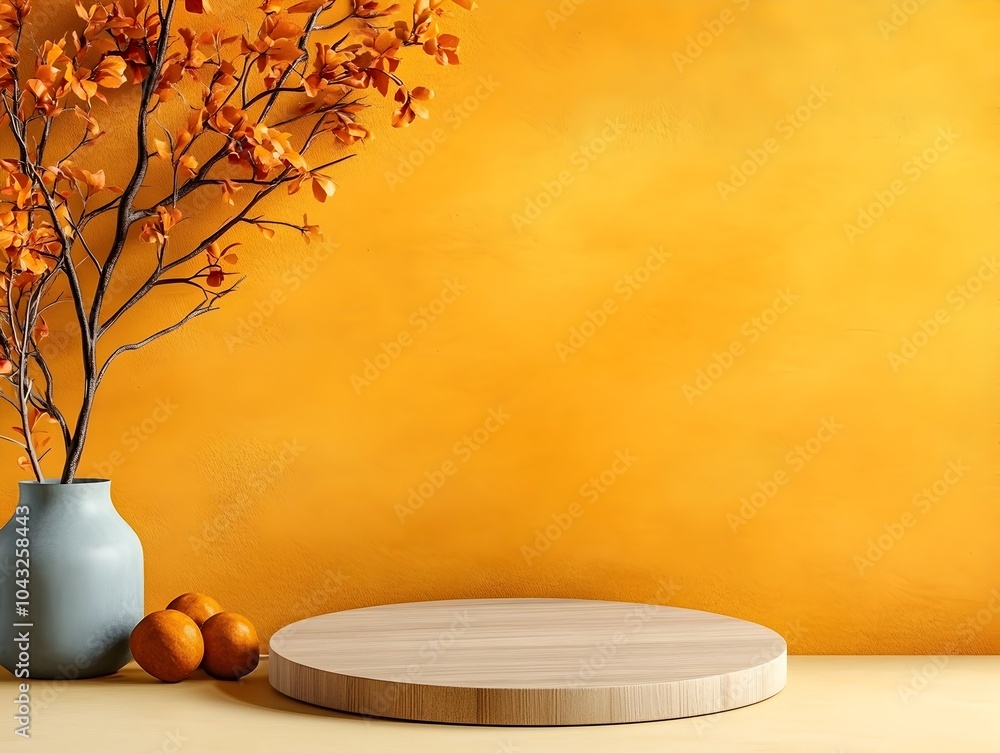 Poster highly detailed and image of a round wooden podium placed on a table against a warm toned yellow bac
