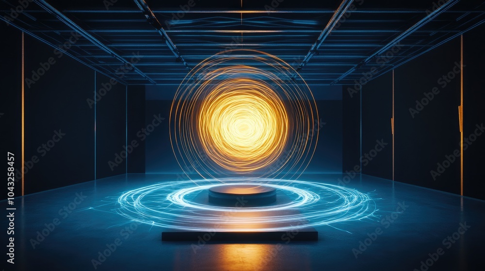 Poster a glowing orb surrounded by swirling light effects in a dark, futuristic space, creating a captivati