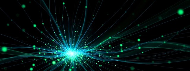 Fototapeta premium Abstract Green Teal Light Composition With Floating Particles On Black Background