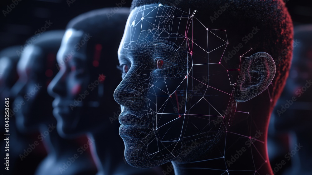 Poster ai-powered facial recognition system analyzing facial geometry and expressions in real-time, offerin