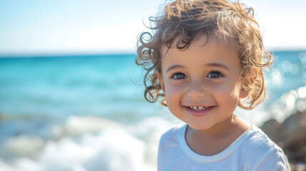 Joyful Libyan toddler enjoying nature by the sea, curly hair glistening in sunlight
