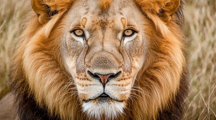 Fototapeta premium A dramatic close-up of a lion's face, showcasing its majestic features and fierce gaze in the wild.