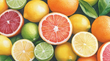 Colorful assortment of fresh citrus fruits on a flat surface.