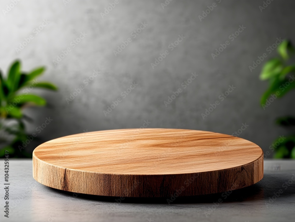 Aufkleber elegant and minimalist wooden round podium set on a gray studio backdrop with warm lighting and soft