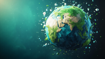 Fototapeta premium Digital Low-Poly Earth In Blue Abstract Space Surrounded By Floating Fragments