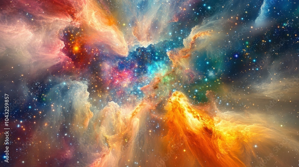 Poster an abstract cosmic background with colorful nebulae and distant galaxies, where swirling gases and d