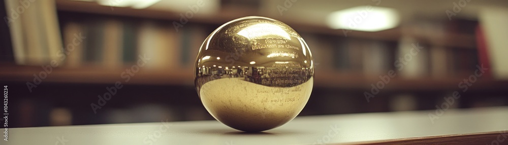 Poster A reflective golden sphere on a shelf in a library setting.