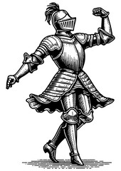 Obraz premium knight in full armor dancing joyfully, medieval imagery with playful, humorous elements sketch engraving generative ai PNG illustration. Scratch board imitation. Black and white image.