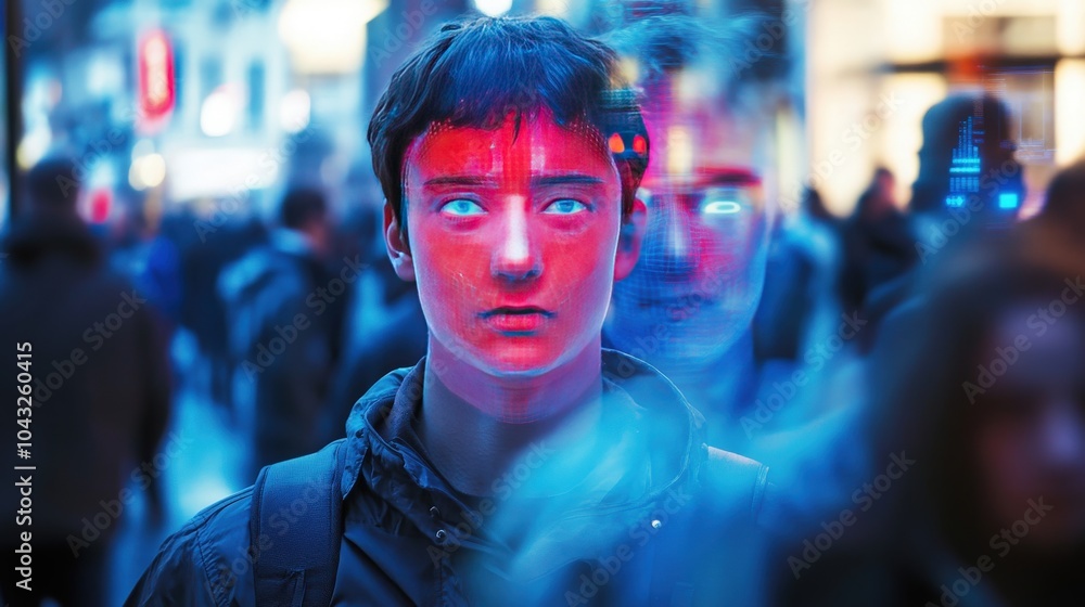 Poster an advanced ai facial recognition system that scans multiple points on a person face, matching them 