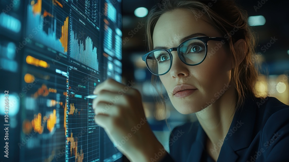 Wall mural a businesswoman in glasses intently reviews complex financial charts and graphs on a screen in a sle