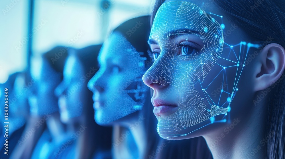 Poster an advanced ai facial recognition system that scans multiple points on a person face, matching them 