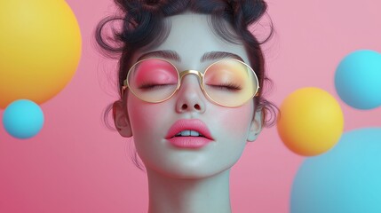 Fototapeta premium Closeup portrait of a woman with colorful makeup and eyeglasses on isolated pink background