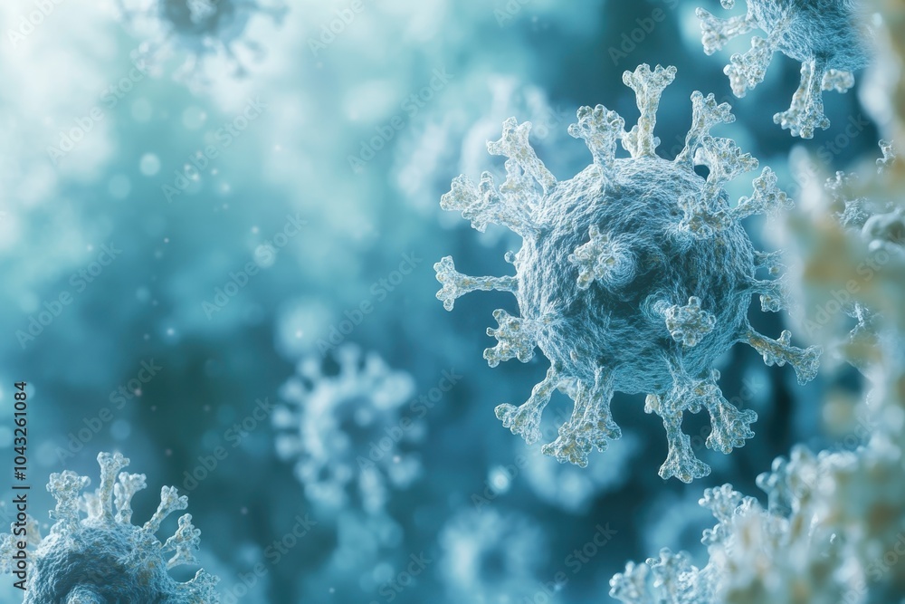 Poster microscopic view of viruses in a teal environment, highlighting their intricate structures