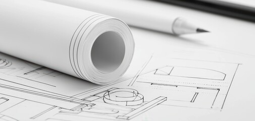 Rolled architectural plans with detailed piping and fixtures, capturing the meticulous nature of technical drawings in mechanical engineering