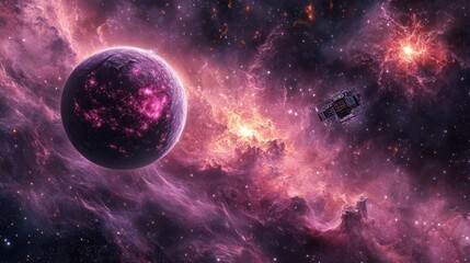 An AI-generated illustration of a massive space colony orbiting a dying star, with futuristic technology keeping the inhabitants safe amidst the glowing nebula and collapsing galaxies