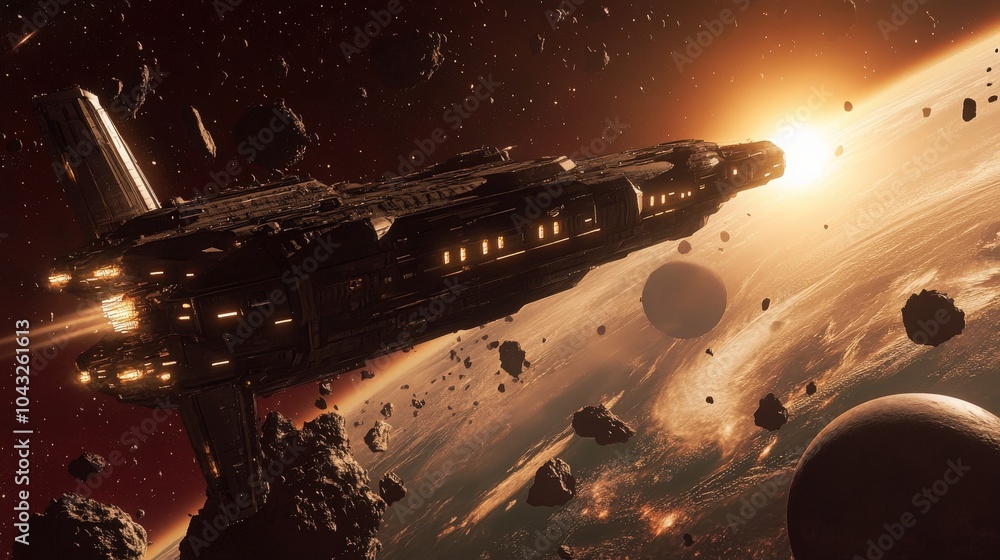 Poster illustration of a giant space station orbiting a distant star, with asteroid fields and alien planet