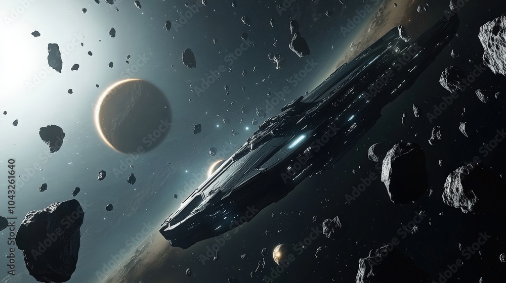 Poster illustration of a giant space station orbiting a distant star, with asteroid fields and alien planet