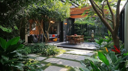 Outdoor garden with vibrant plant life and creative tree arrangements, offering a visually engaging and serene atmosphere