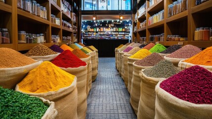 A vibrant spice market scene with colorful piles of spices in burlap sacks lining the aisles, creating an inviting and aromatic atmosphere.