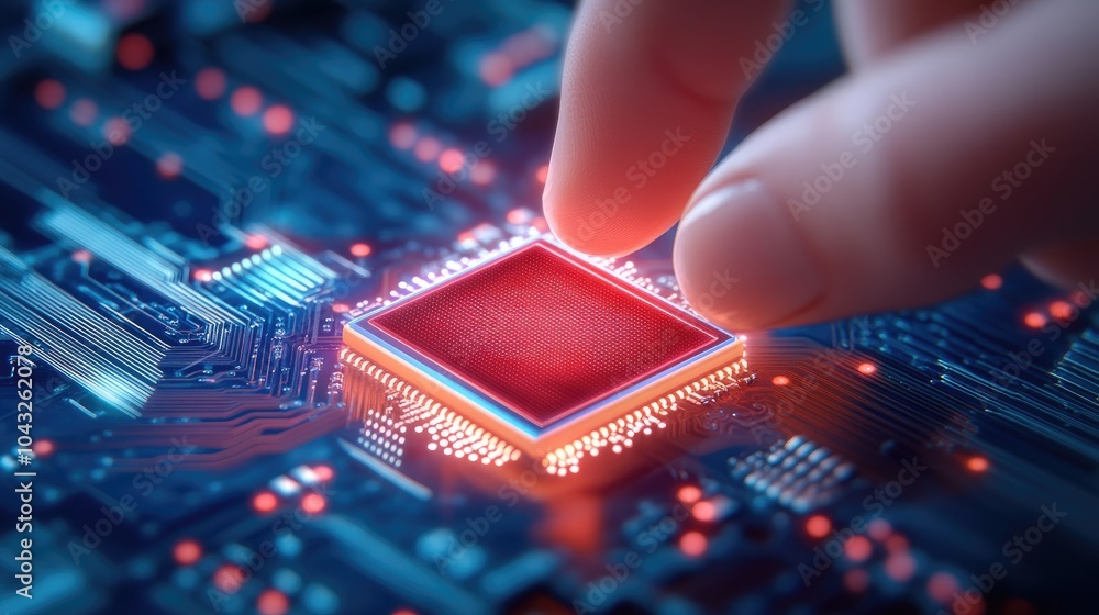 Poster a close-up of a finger touching a glowing microchip on a circuit board, representing technology and 