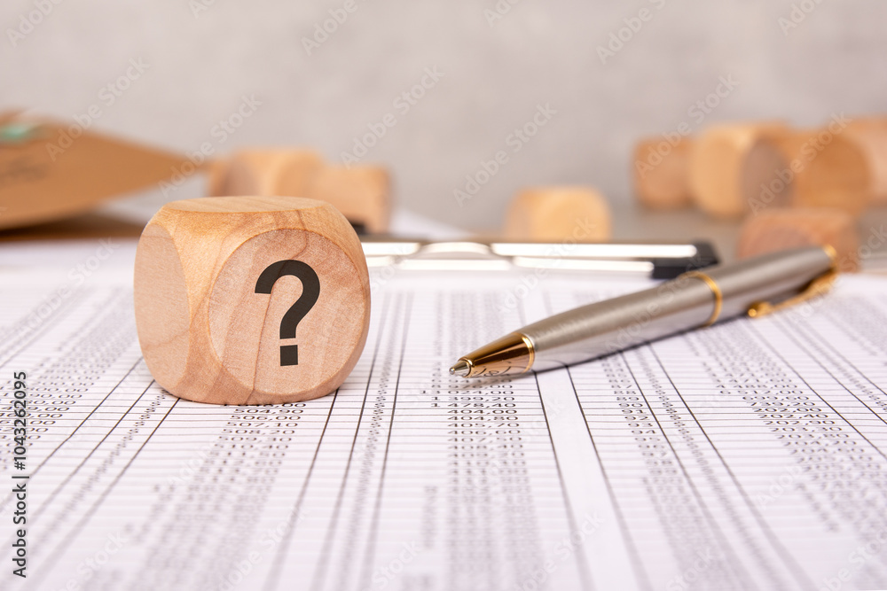 Poster using a question mark symbol on financial documents while holding a pen for review