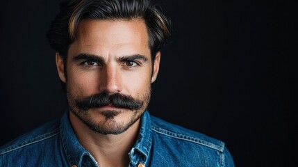 Fototapeta premium Close-up Portrait of a Handsome Man with a Mustache and a Denim Shirt, Looking Directly at the Camera, Against a Dark Background