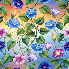 Fototapeta premium A seamless pattern featuring morning glories on a sunrise gradient, seamless Pattern