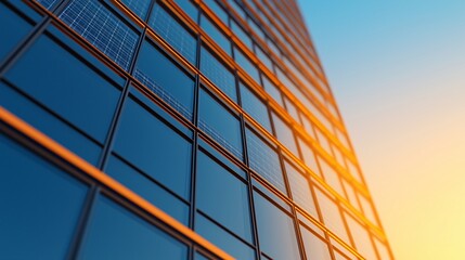 Obraz premium Close-up of a modern building's facade with large glass panels, highlighting an intricate grid pattern and the warm glow of the setting sun.