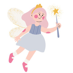 Fairy little princess wearing crown and holding a star magic wand. Hand drawn artwork for kids prints, wallpapers, postcards, birthday banners.