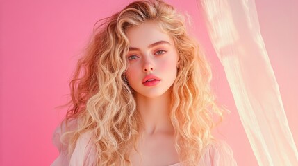 Fototapeta premium A young woman with beautiful curly hair poses against a soft pink background, exuding a fresh and artistic vibe.