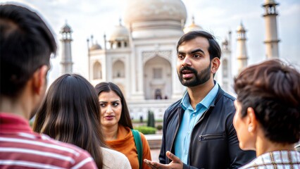 Obraz premium An Indian tour guide explaining cultural landmarks to a group of tourists in a city. 