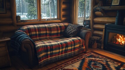 Cozy Cabin Living Room with Warm Fireplace