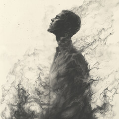 Fototapeta premium man's silhouette emerges from dense smoke, adding a mysterious aura to the monochrome art
