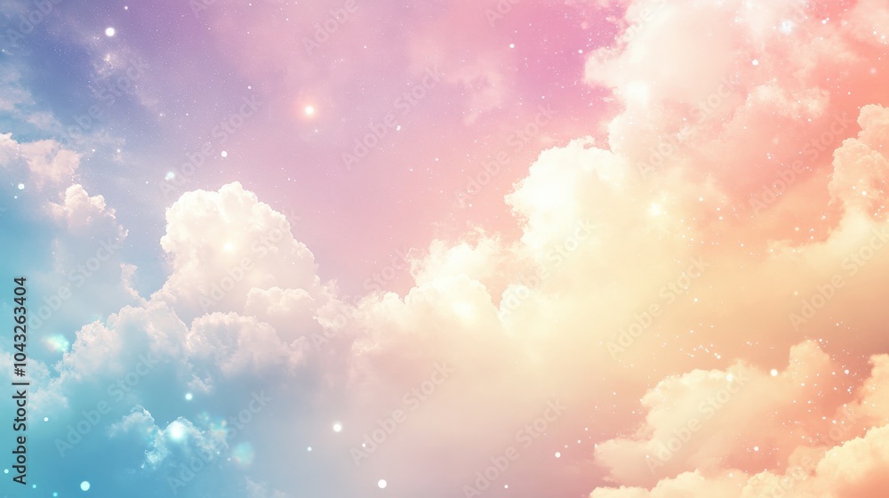 Poster pastel clouds with a touch of sparkle create a dreamy, whimsical sky. the soft colors and gentle shi