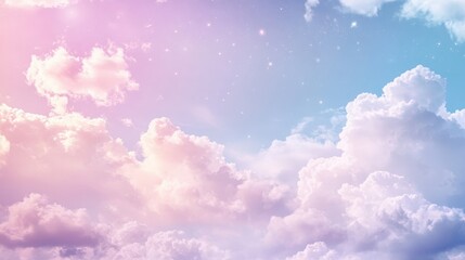 Pastel clouds with a touch of sparkle create a dreamy, whimsical sky. The soft colors and gentle shimmer offer a serene backdrop