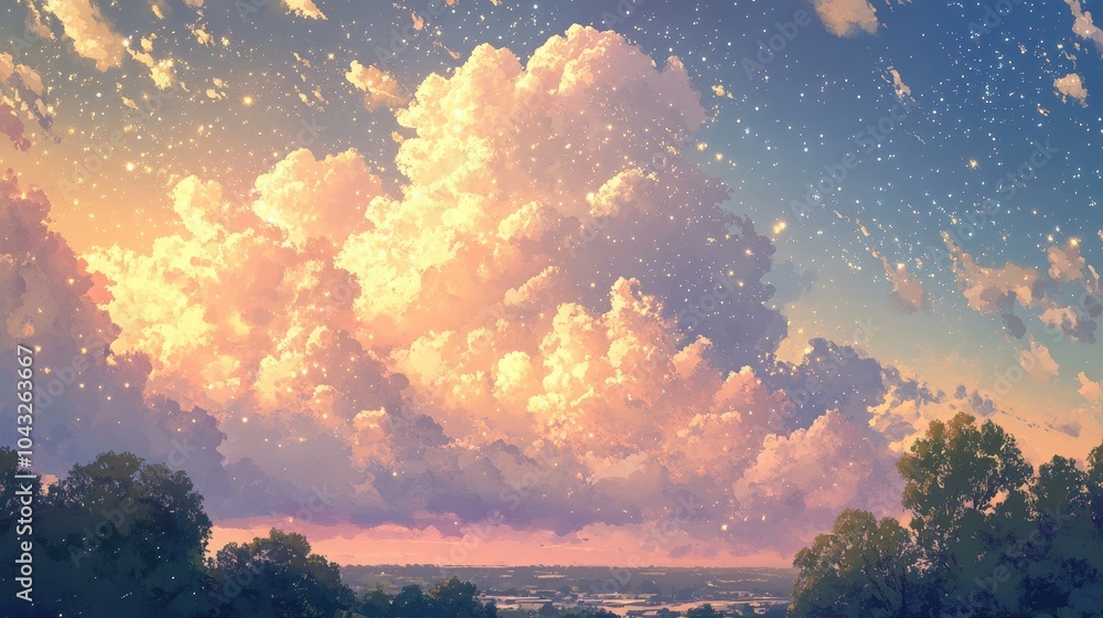 Poster pastel clouds with gentle sparkles create a dreamy sky. the ethereal, shimmering scene adds a touch 