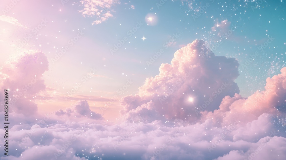 Poster pastel clouds with gentle sparkles create a dreamy sky. the ethereal, shimmering scene adds a touch 