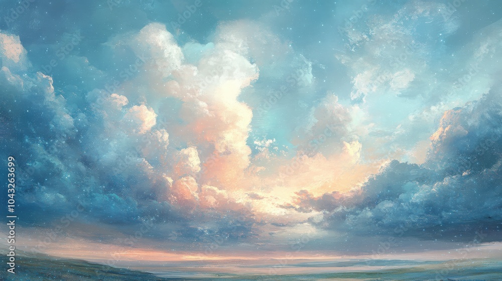 Poster pastel clouds with gentle sparkles create a dreamy sky. the ethereal, shimmering scene adds a touch 