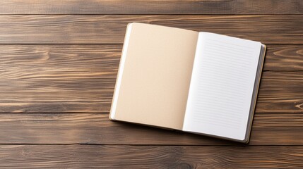 An open notebook on a wooden surface, showcasing blank pages ideal for writing, journaling, or drawing, surrounded by natural textures.