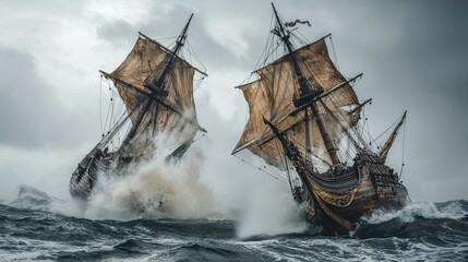 Obraz premium Dramatic scene of two ancient sailing ships battling stormy seas, showcasing raw power and adventurous spirit in turbulent weather.