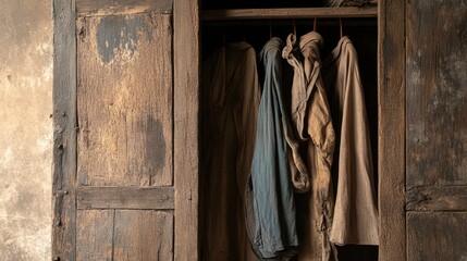 Fototapeta premium Rustic Wardrobe with Hanging Clothes in Natural Light
