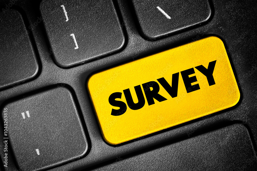 Poster survey text button on keyboard, concept background