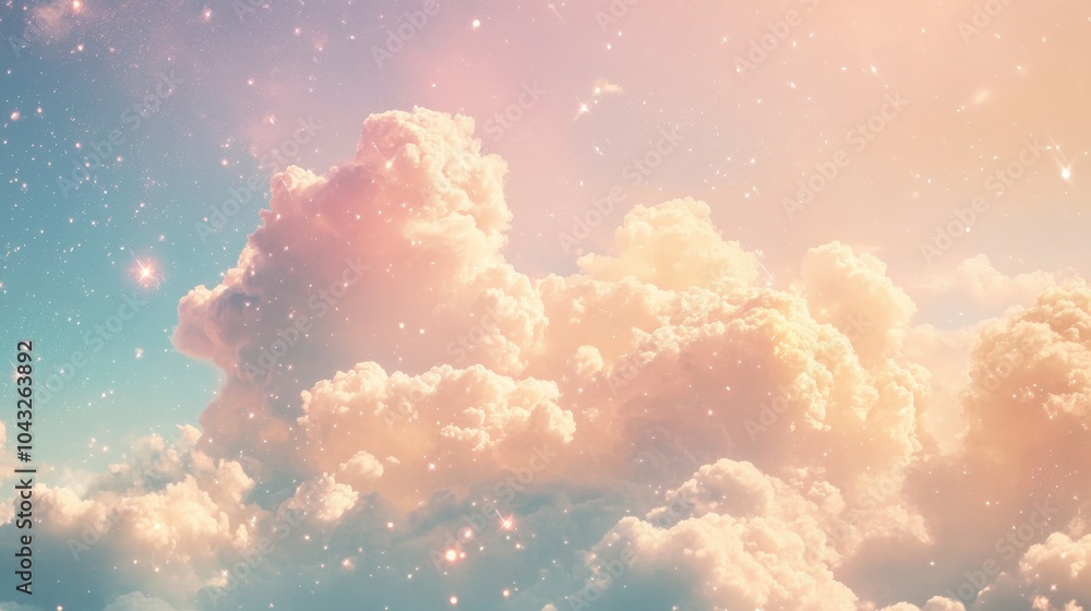Poster pastel clouds with twinkling sparkles create a dreamy, ethereal sky. the serene, magical effect is p