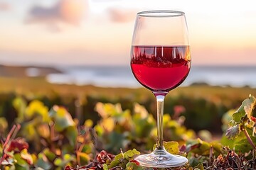Experience the Charm of a Glass of Chilled Red Wine Amidst a Scenic Vineyard at Sunset Enveloping the Atmosphere in Rich Colors
