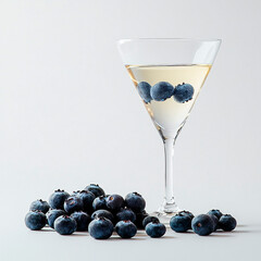 drink in a conical cocktail glass with blueberries on a white background, conceptual image for design and advertising projects.