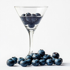 drink in a conical cocktail glass with blueberries on a white background, conceptual image for design and advertising projects.