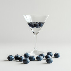 drink in a conical cocktail glass with blueberries on a white background, conceptual image for design and advertising projects.