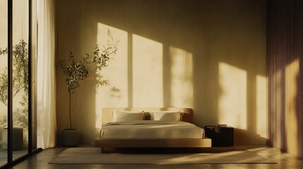 Fototapeta premium Modern Minimalist Bedroom with Soft Natural Light